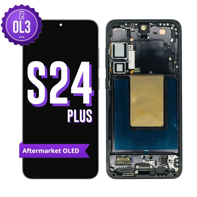 Samsung Galaxy S24 Plus aftermarket OLED screen replacement with middle frame, shown front on with the purple OL3 badge and from the back showing the frame and copper heat shield