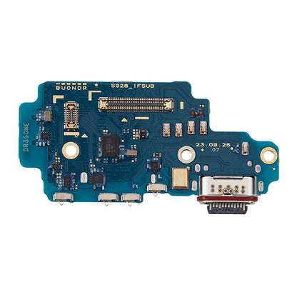 Samsung Galaxy S24 Ultra charging port board with USB-C port, single SIM card reader and bottom microphone, front view on a white background.