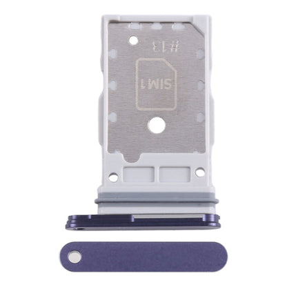 Single slot Samsung Galaxy S24 Ultra SIM tray in silver metal marked SIM 1 and #13, its dark navy blue outer cap shown fitted and again separately below.