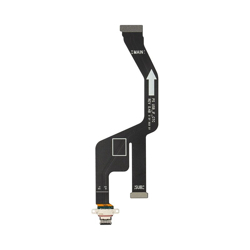 Samsung Galaxy S25 Edge charging port flex assembly with the USB-C socket at the bottom, printed PS USB_IF_CTC REV 0.4B and labelled MAIN and SUB at the connector ends.