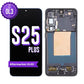 Samsung Galaxy S25 Plus OL3 aftermarket OLED screen replacement with middle frame, the black front with the purple OL3 badge beside the back of the dark frame