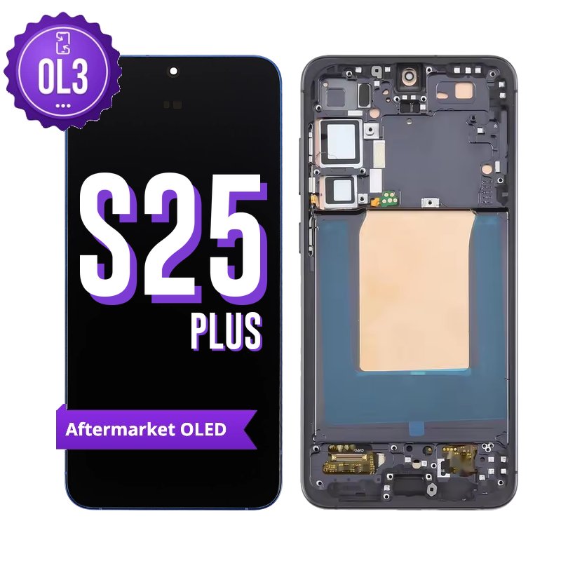 Samsung Galaxy S25 Plus OL3 aftermarket OLED screen replacement with middle frame, the black front with the purple OL3 badge beside the back of the dark frame