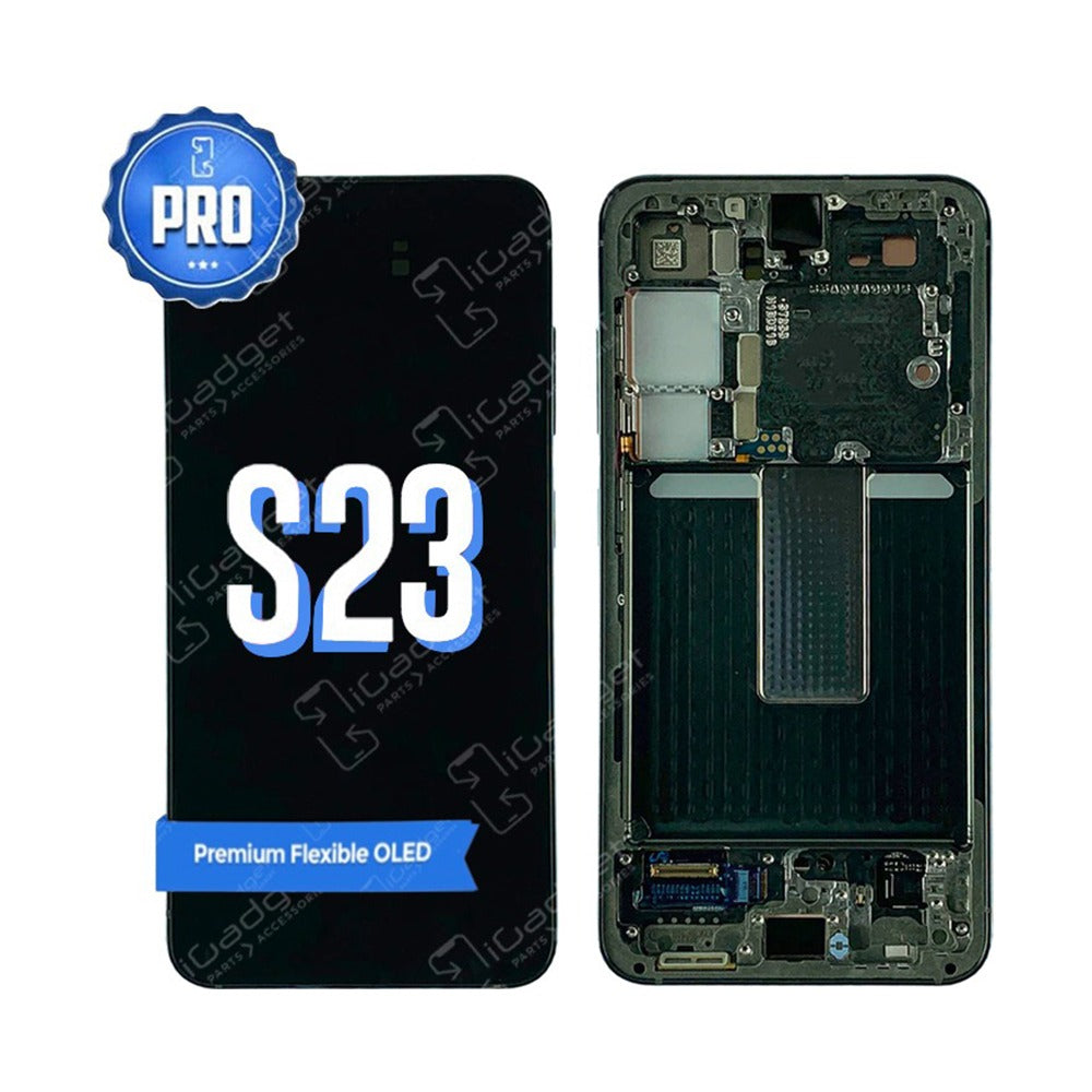 Samsung Galaxy S23 replacement screen with middle frame, the black front panel marked S23 with a Premium Flexible OLED banner, beside the frame and its internal components.