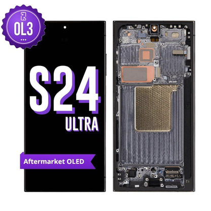 Samsung Galaxy S24 Ultra aftermarket OLED screen replacement with black middle frame, shown front on with the purple OL3 badge and from the back showing the frame and S Pen slot