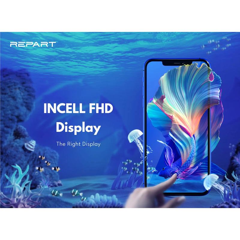 INCELL FHD Display, described as The Right Display, shown on an iPhone with a bright underwater scene