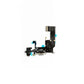 Black iPhone 5c charging dock flex cable laid flat, with the Lightning connector, headphone jack, microphone, coaxial antenna lead and blue protective tape.