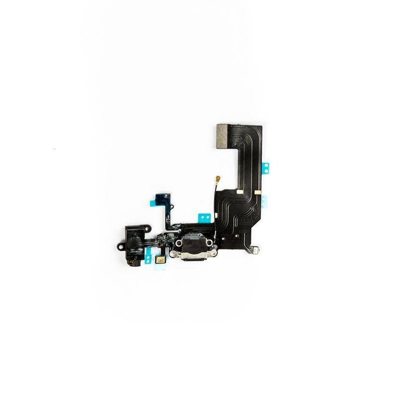 Black iPhone 5c charging dock flex cable laid flat, with the Lightning connector, headphone jack, microphone, coaxial antenna lead and blue protective tape.