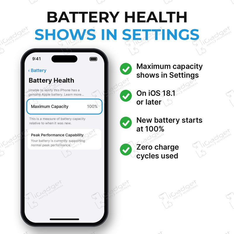 Battery Health shows in Settings: an iPhone Battery Health screen showing Maximum Capacity 100 percent with an iGadget replacement battery, on iOS 18.1 or later