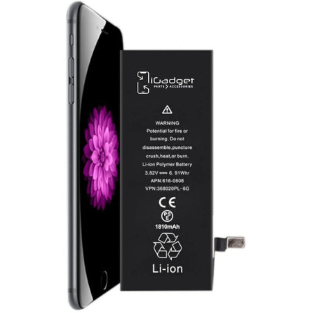 An iPhone 6 replacement battery by iGadget with the battery adhesive and a screwdriver toolkit, showing the battery's specifications and the iPhone's back with a pink flower.