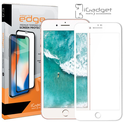 iGadget edge to edge premium tempered glass screen protector box beside a rose gold iPhone with an ocean wallpaper and a white framed full coverage protector.