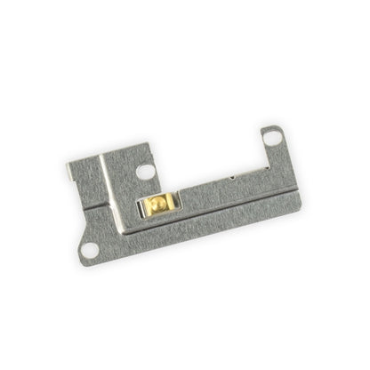 Grey metal lightning connector bracket with a small gold contact pad in the centre, two screw holes and a stepped bracket profile, on white.