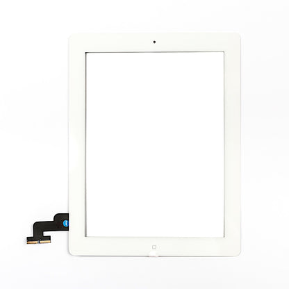 White iPad 2 replacement glass and digitiser shown front on, with the home button cutout at the bottom and the black flex cable extending from the lower left corner.