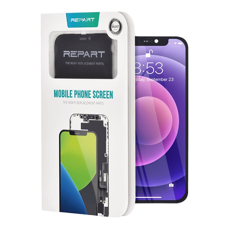 REPART Mobile Phone Screen retail box for the iPhone 12 in-cell screen, standing beside an iPhone 12 showing its lock screen with a purple wallpaper