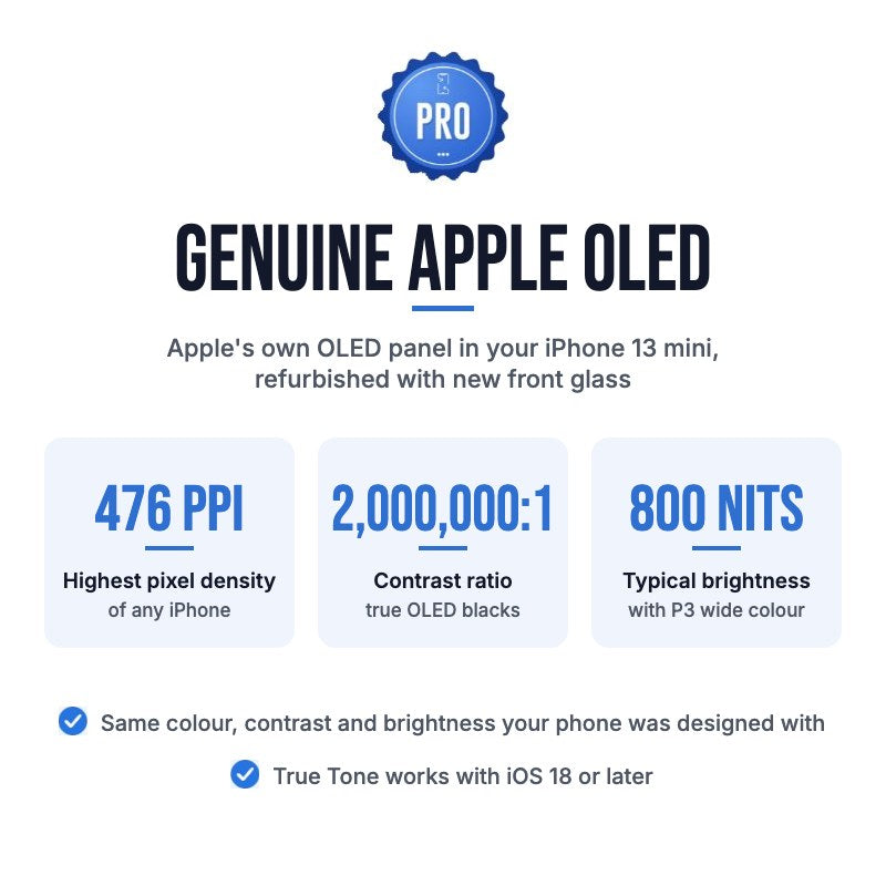 Genuine Apple OLED: the iPhone 13 mini screen uses Apple's own OLED panel with new front glass, 476 ppi, 2,000,000:1 contrast and 800 nits typical brightness