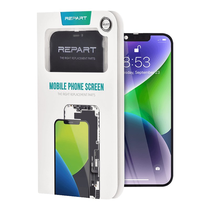 REPART Mobile Phone Screen retail box for the iPhone 14 standing beside a purple iPhone showing a lock screen at 13:53 on Friday, September 23