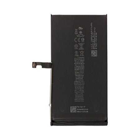 A black iPhone 15 Plus replacement battery with adhesive tabs and certification markings.