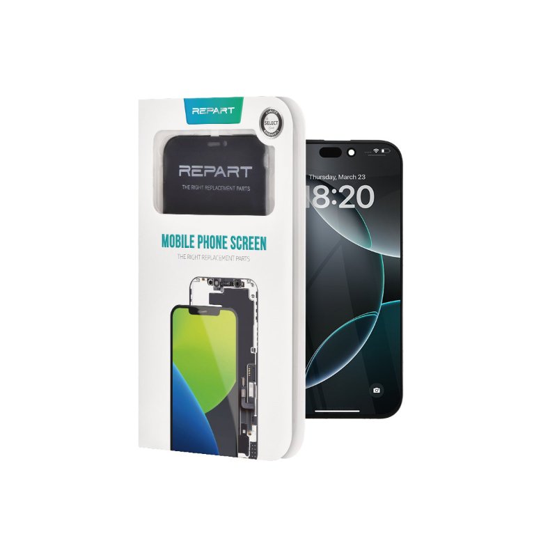 REPART retail box for the iPhone 16 Pro IC3 in-cell LCD screen replacement, shown with the screen fitted to an iPhone 16 Pro