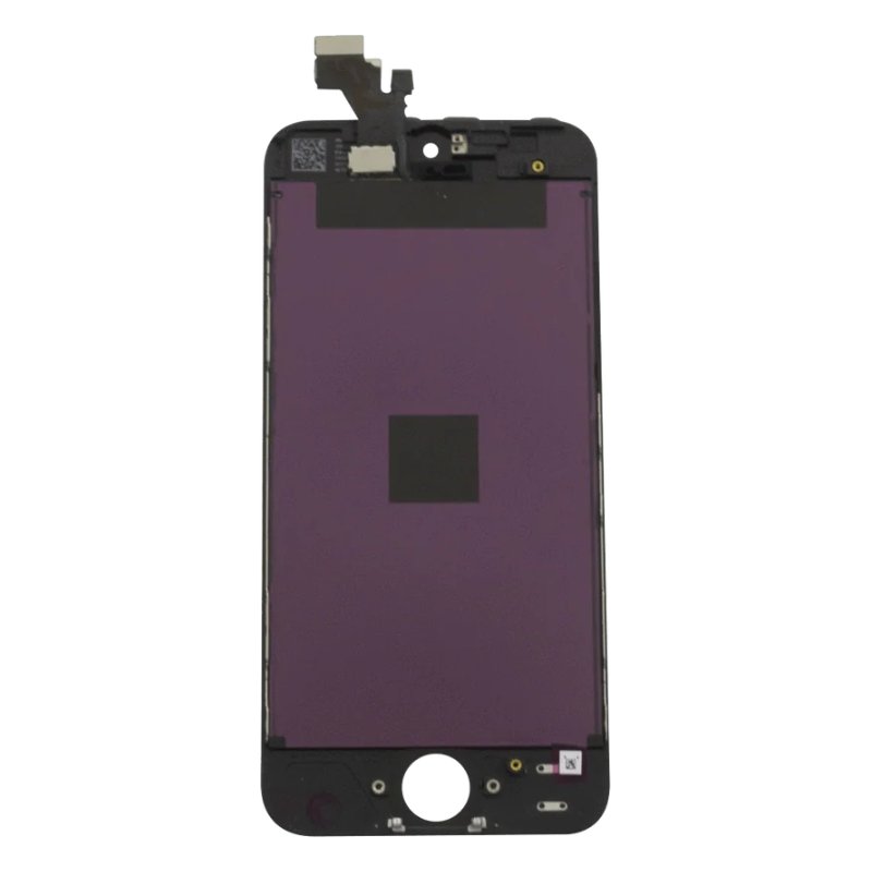 Back of the black iPhone 5 IC3 Premium replacement screen, showing the purple backlight film, the flex cable at the top and the home button opening