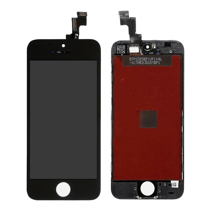 Front and back of a black iPhone 5 OCX replacement screen, showing the backlight plate, the flex cable at the top and the home button opening, with no earpiece or camera fitted