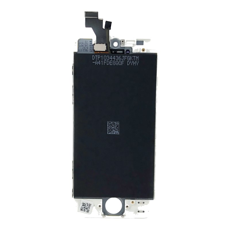 Back of a white iPhone 5s and SE OCX replacement screen, showing the black backlight shield, the flex cable at the top and the home button opening, with no earpiece or camera fitted