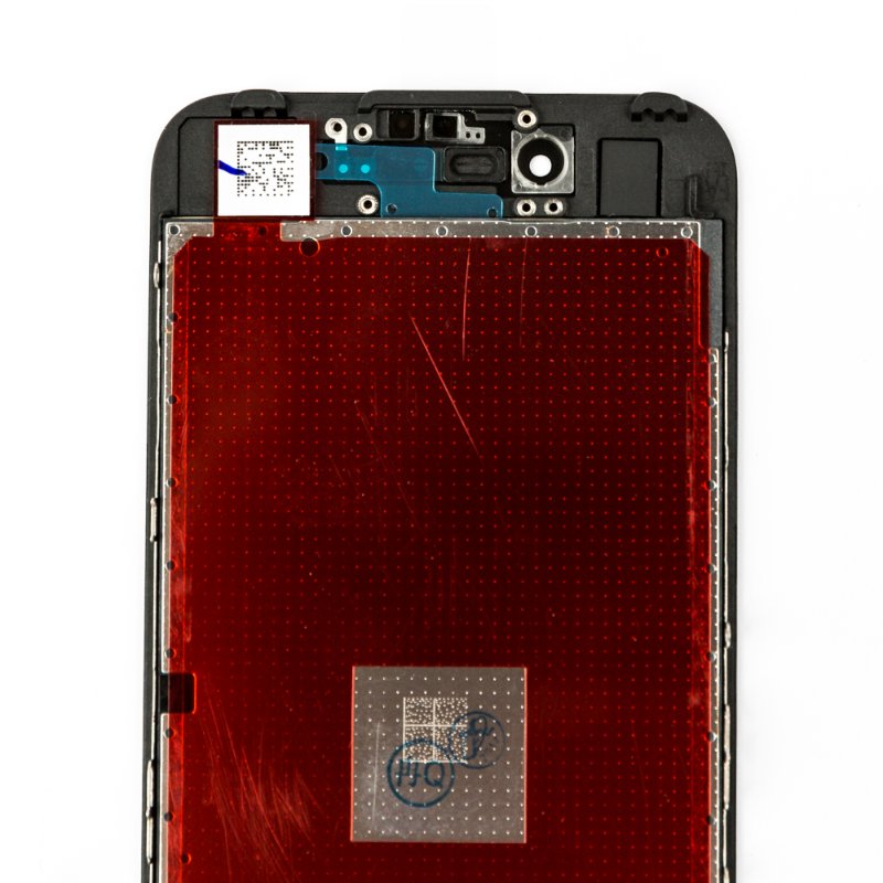 Back of the iPhone 7 replacement screen assembly, showing the red backlight film, the metal shield plate and the folded flex cables