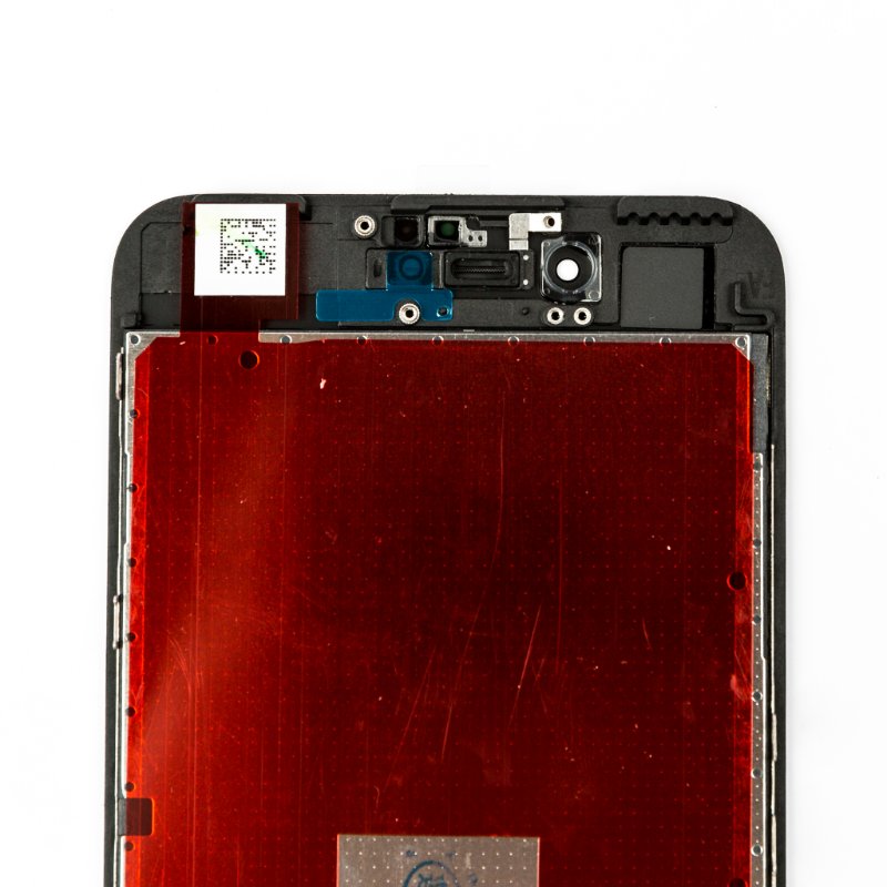 Close-up of the back of a black iPhone 7 Plus screen assembly, showing the red protective film, front camera, earpiece mesh and sensor flex