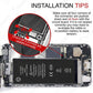 Installation tips: a close-up of the battery connector on an opened iPhone SE 2022, the four connector corners ringed in red and captioned Check all 4 corners are seated correctly