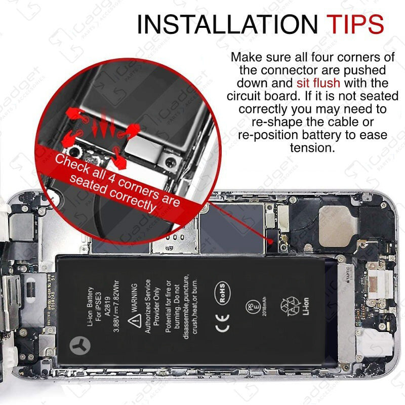 Installation tips: a close-up of the battery connector on an opened iPhone SE 2022, the four connector corners ringed in red and captioned Check all 4 corners are seated correctly