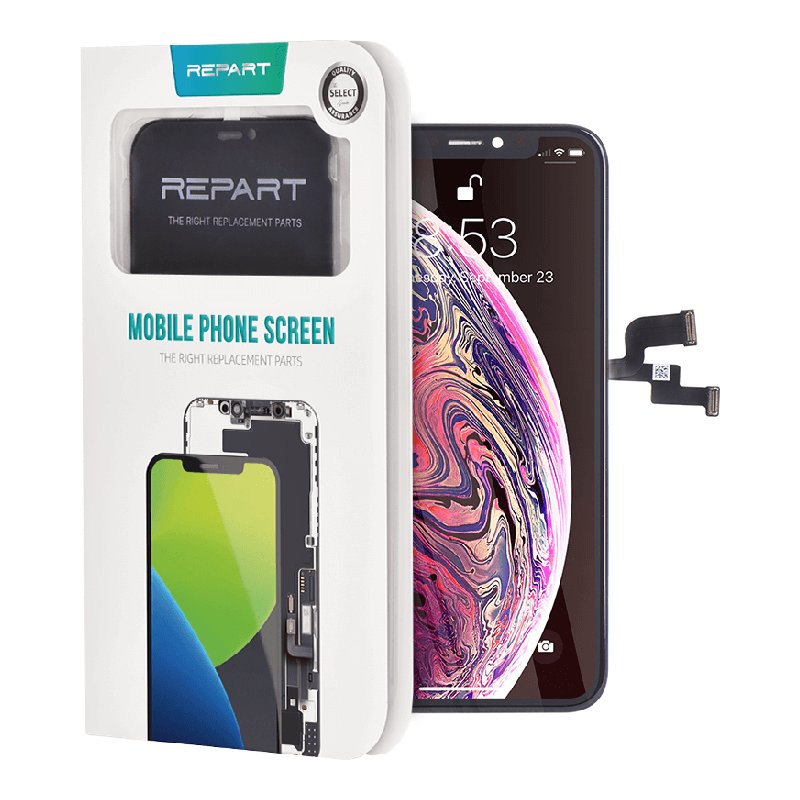 REPART retail box labelled MOBILE PHONE SCREEN, The Right Replacement Parts, beside an iPhone XS with the replacement screen fitted showing a swirled colour lock screen