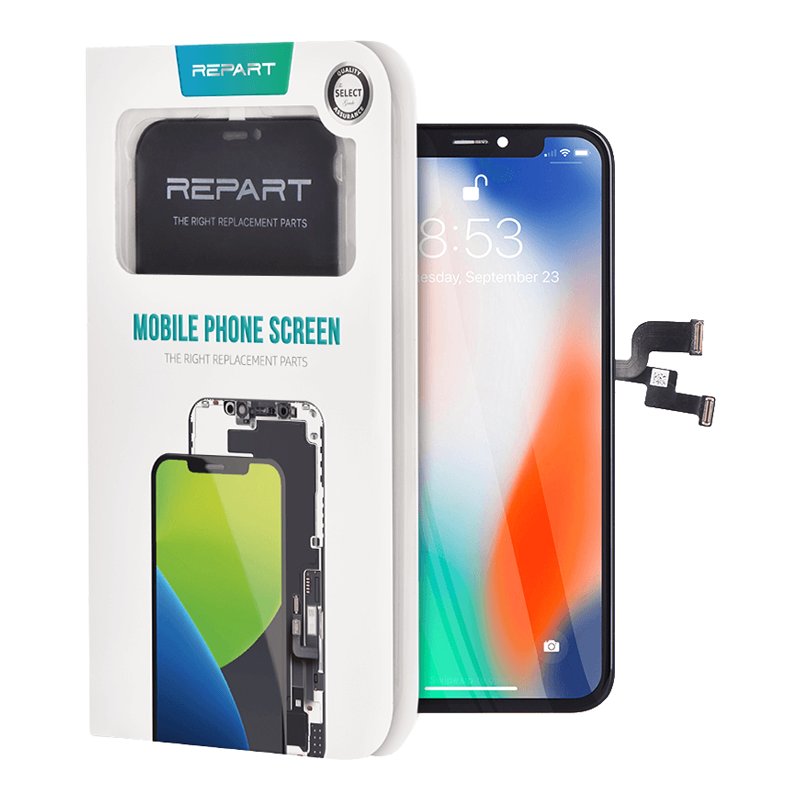 REPART Mobile Phone Screen retail box, marked The Right Replacement Parts, standing beside the iPhone X in-cell screen assembly with its flex cables folded out