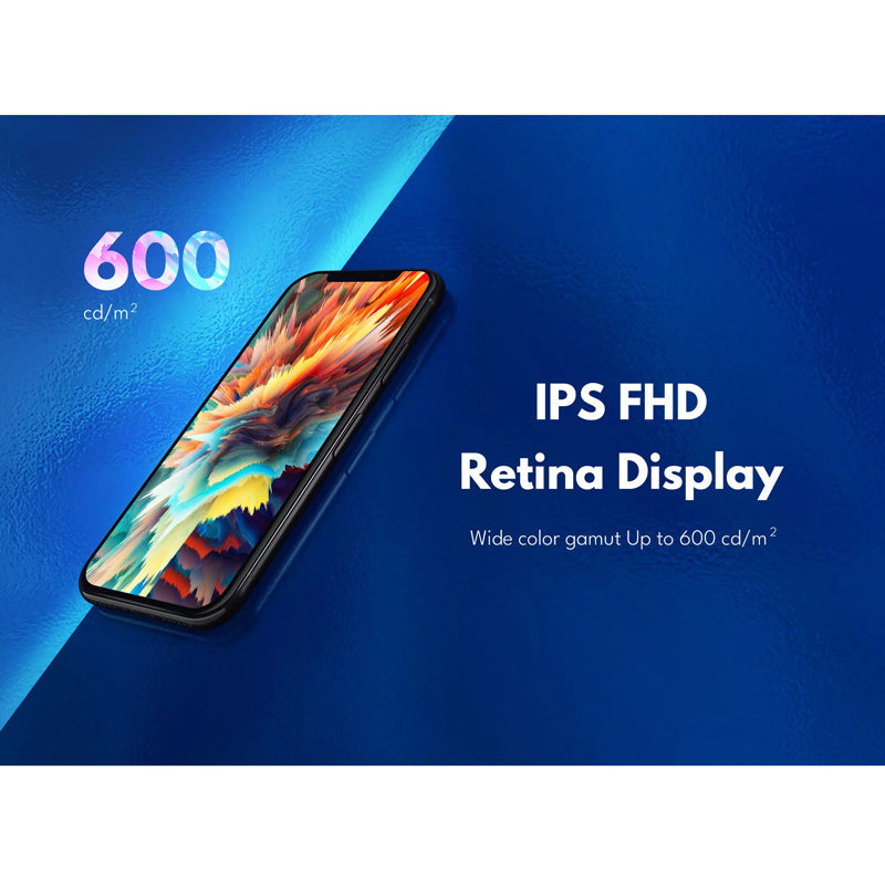 IPS FHD Retina Display: wide colour gamut up to 600 candela per square metre, shown on an angled iPhone