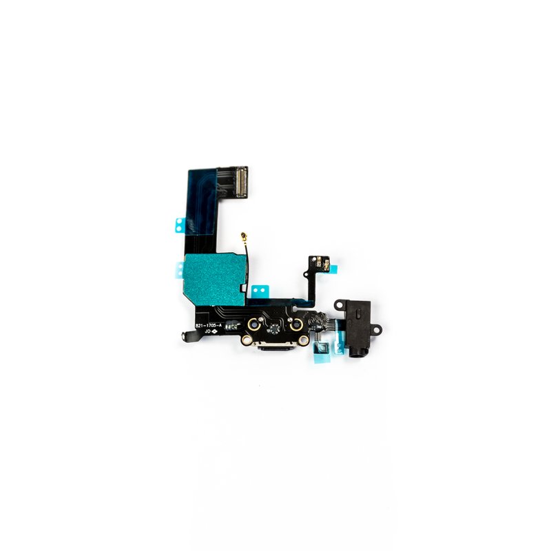 Underside of the black iPhone 5c charging dock flex marked 821-1705-A, showing teal shielding, the Lightning connector, headphone jack and antenna lead.