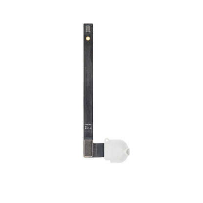 White iPad 7 and 8 headphone jack flex cable photographed front on at full length, with a slim dark ribbon running up to the small board connector.