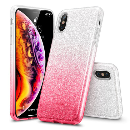Pink to silver ombre glitter case shown on the phone from the front, with an angled back view and a spare case back alongside.