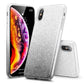 Phone in a silver to charcoal ombre glitter case shown screen on from the front, with two angled views of the sparkling case back beside it.
