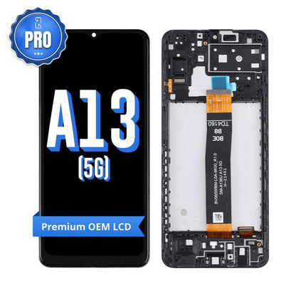 Samsung Galaxy A13 5G Premium OEM LCD screen with middle frame, front with the PRO badge and A13 5G lettering beside the back of the frame with its display flex