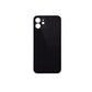 Glossy black iPhone 12 rear glass cover, shown flat with two enlarged round camera cut-outs and the flash and microphone holes in the raised camera area.
