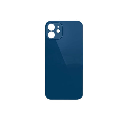 Deep blue iPhone 12 rear glass cover, shown flat with two enlarged round camera cut-outs plus flash and microphone holes in the raised square camera area.