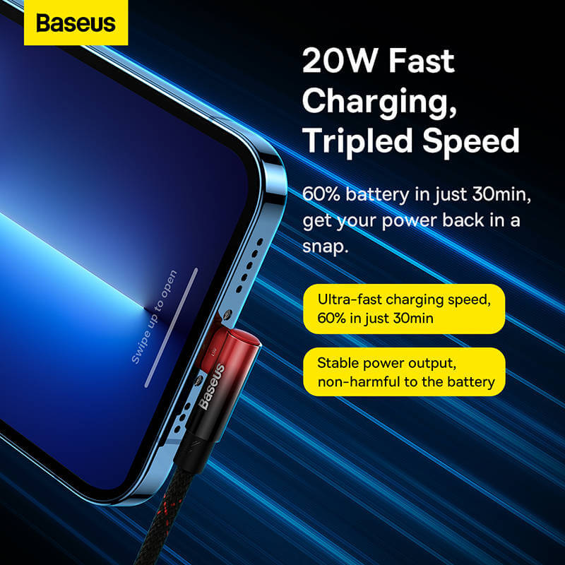 BASEUS 20W Elbow USB-C to Lightning iPhone Charging Cable (1M) | MVP 2 Series Type-C L-Shaped Bend Fast Charger Cable