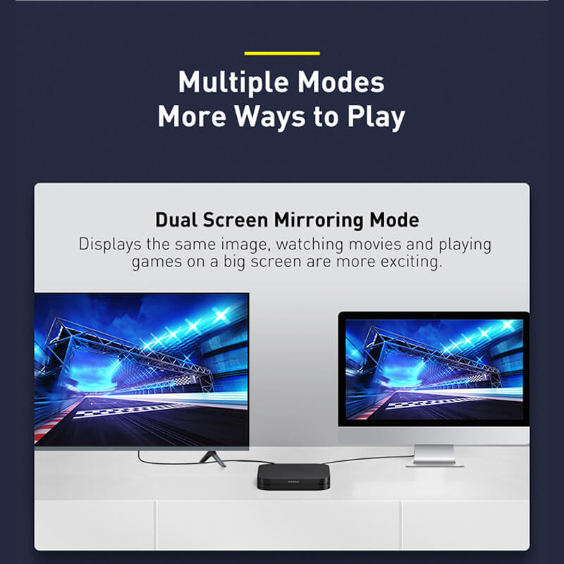 Baseus HDMI male to male cable with dual screen mirroring mode which displays the same image, watching movies and playing games on big screens