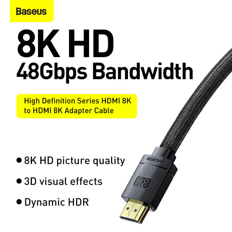 Baseus HDMI male to male 1m cable featured with 8K HD picture quality, 3D visual effects and dynamic HDR