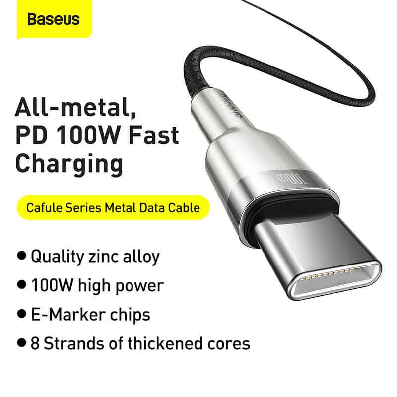 Baseus Cafule Metal Series USB C to USB C Cable featured high quality zinc alloy, 100W high power, E-Marker chips and 8 starnds of thickended cores
