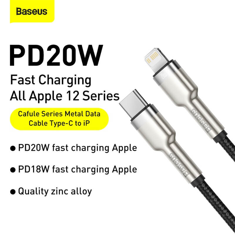 BASEUS PD 20W USB-C to Lightning Charging Cable (1M) | Cafule Metal Series Type-C to Apple iPhone Fast Charger Data Cable