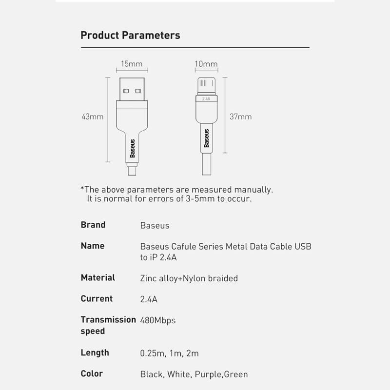 Baseus Cafule Metal Series 2.4A Lightning to USB Cable Specifications