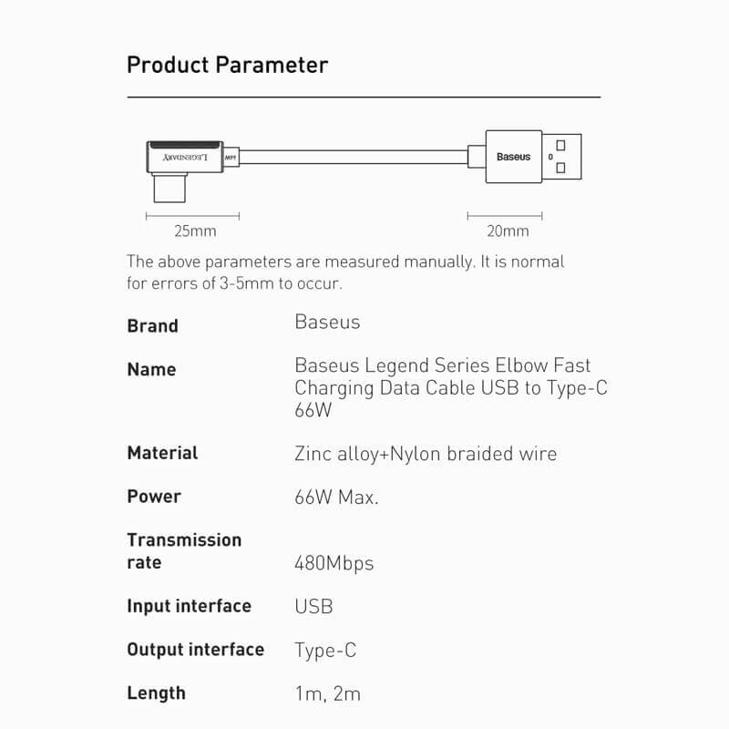 Baseus Legendary Series 66W Type C to USB Cable specifications