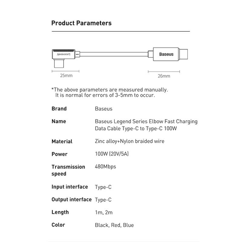 Baseus Legendary Series 100w USB C to USB C Cable specifications