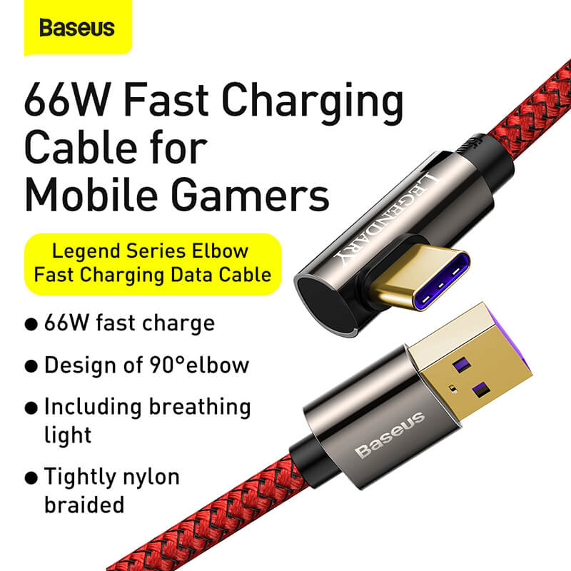 Baseus Legendary Series 66W Type C to USB Cable featured design of 90 degree elbow, including breathing light and tightly nylon braided