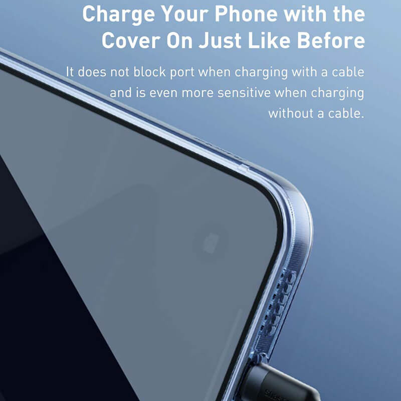 Baseus iphone transparent case does not affect the charging as it doesn't block port when charging with a cable and is more sensitive when charging without a cable