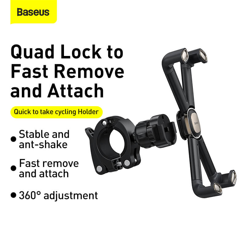 Baseus Quick Cycling Quadlock mount featured stable and ant-shake, fast remove and attach, 360 degree adjustment