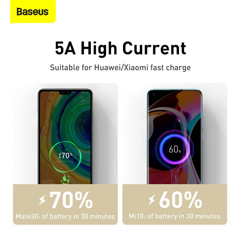 Baseus Cafule Metal Series 100W USB C to USB C Cable can charge Mate30 70% in 30 mins and Mi10 60% in 30 mins